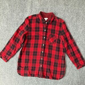 J. Jill Women's Red and Black Plaid Button Down Long‎ Sleeve Flannel Shirt Large